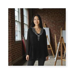 new Chaudry ❃ Sequin Deep Plunge Caftan Top ❃ Swim Cover ❃ Black Silver ❃ Large